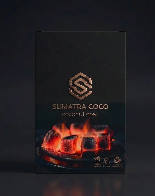 Front view of the supplied Sumatra Coco coconut coal packaging